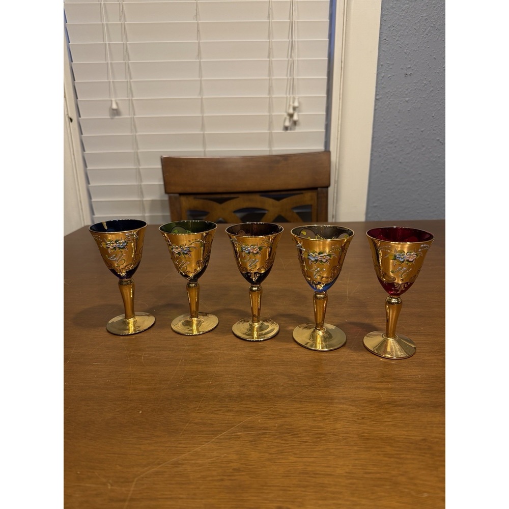 Lot Of 5 Vintage Handmade Murano Multi Color Gold Tre Fuochi Cordial Glasses